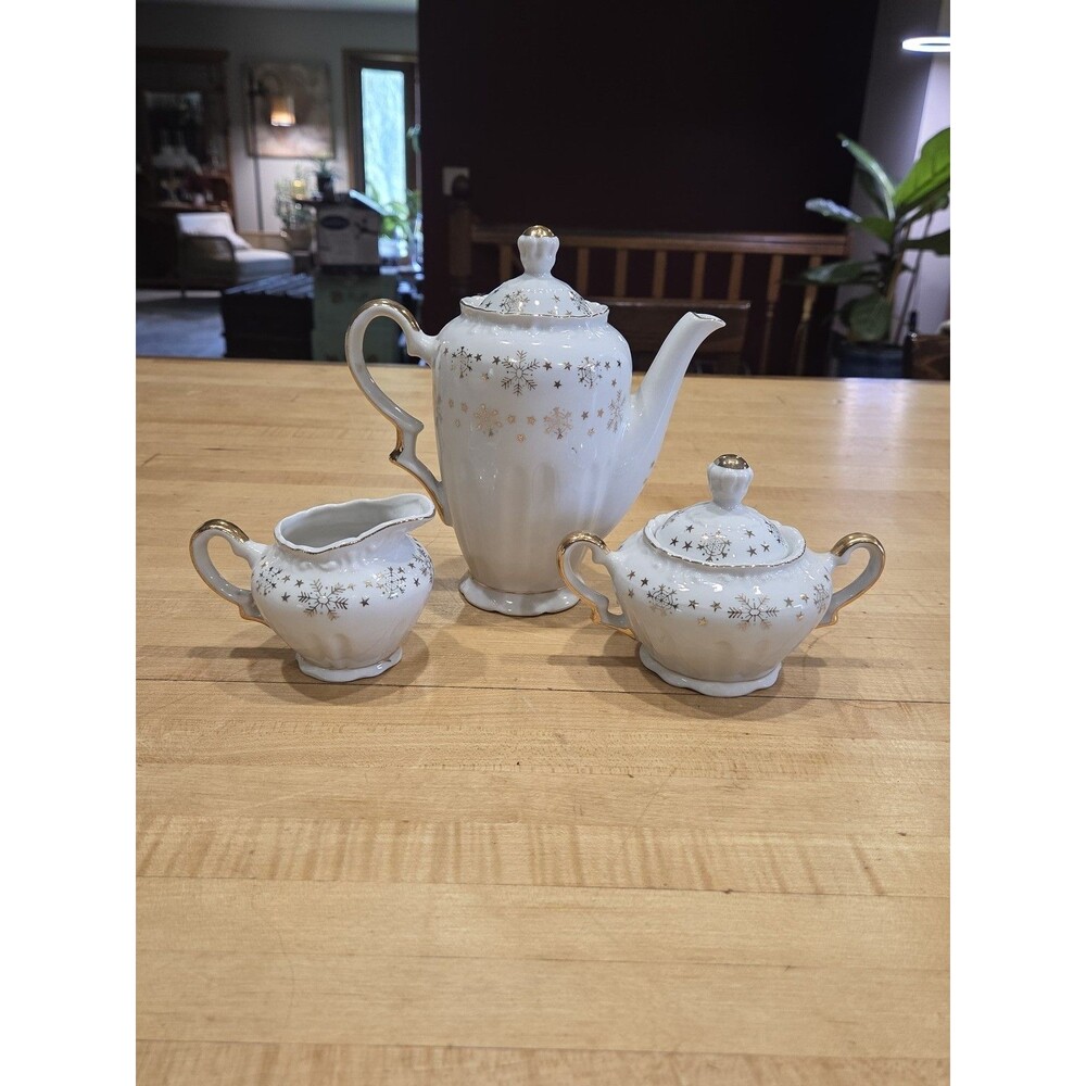 Vintage Gold Snowflake Fine China Teapot Creamer and Sugar Bowl Set Japan